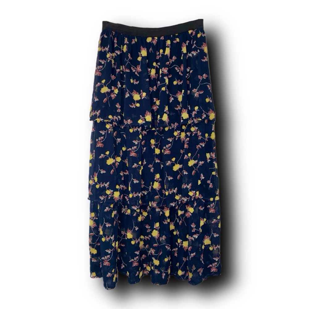 Lush Blue Floral Tiered Cottagecore Prairie Midi Skirt 90s Practical Magic Vibes